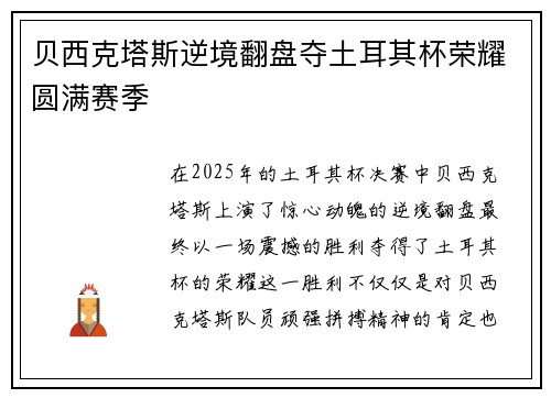 贝西克塔斯逆境翻盘夺土耳其杯荣耀圆满赛季